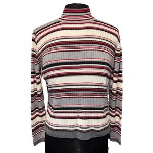 90's Gray Ivory Red Striped Rib Mock Neck Sweater Women's Large Academia Preppy